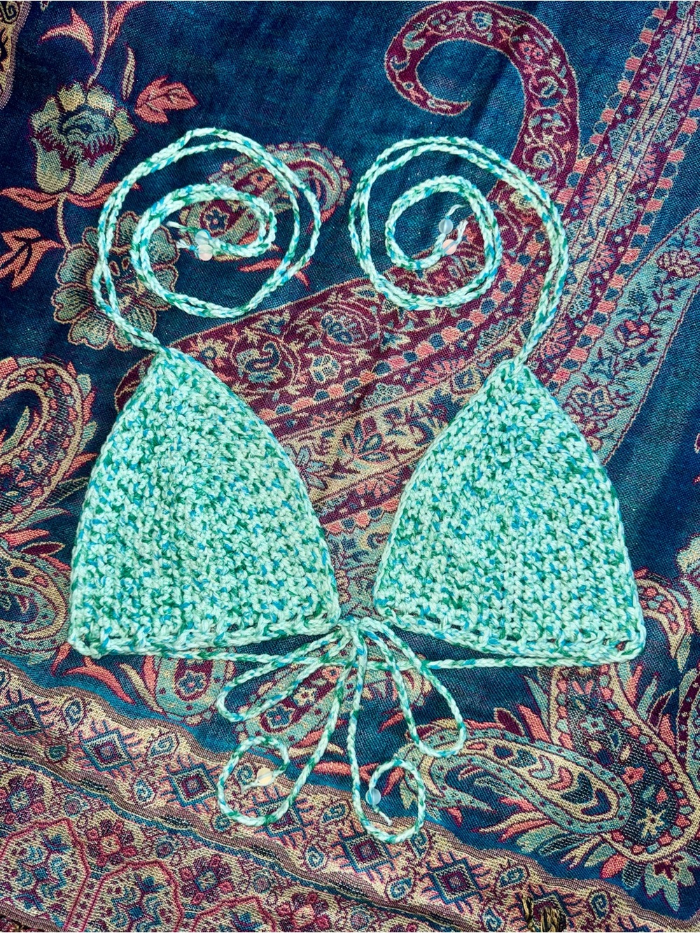 Handmade Crochet Triangle Bikini Top - Blue Green